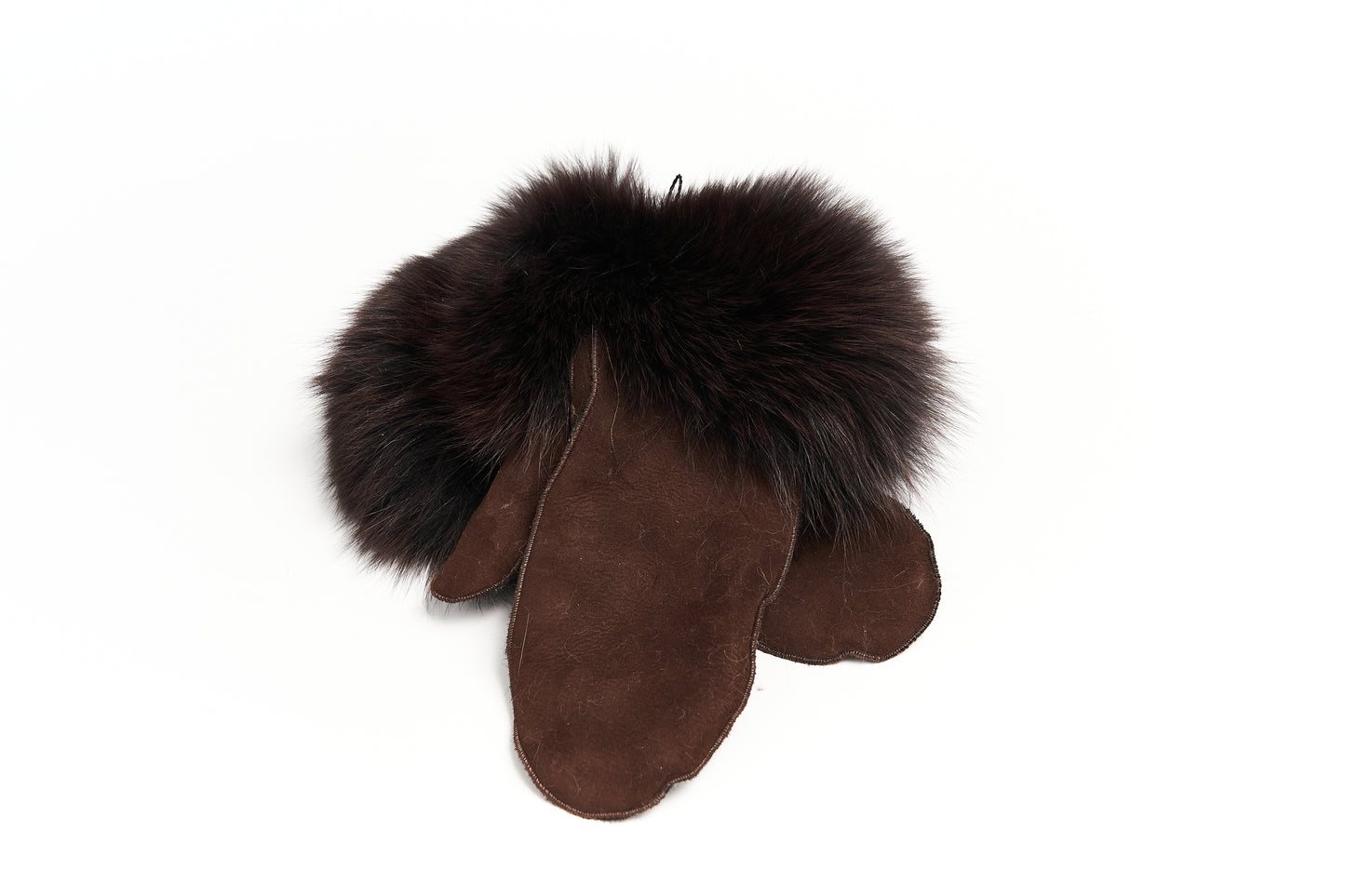 Muffole in pelle scamosciata marrone, bordo in volpe