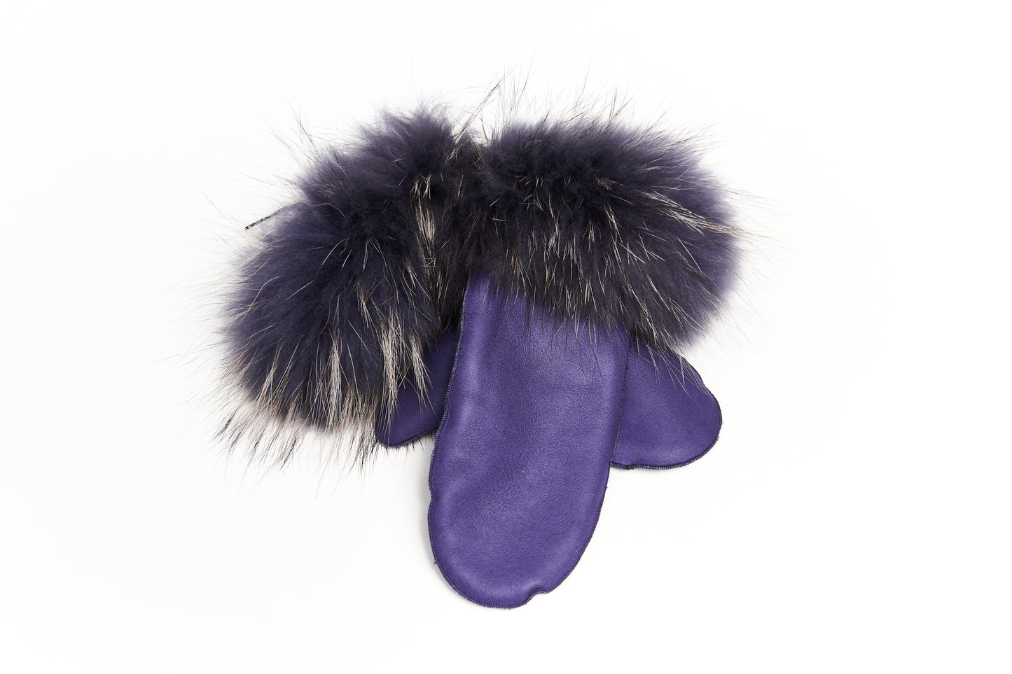 Muffole in pelle viola, bordo in volpe