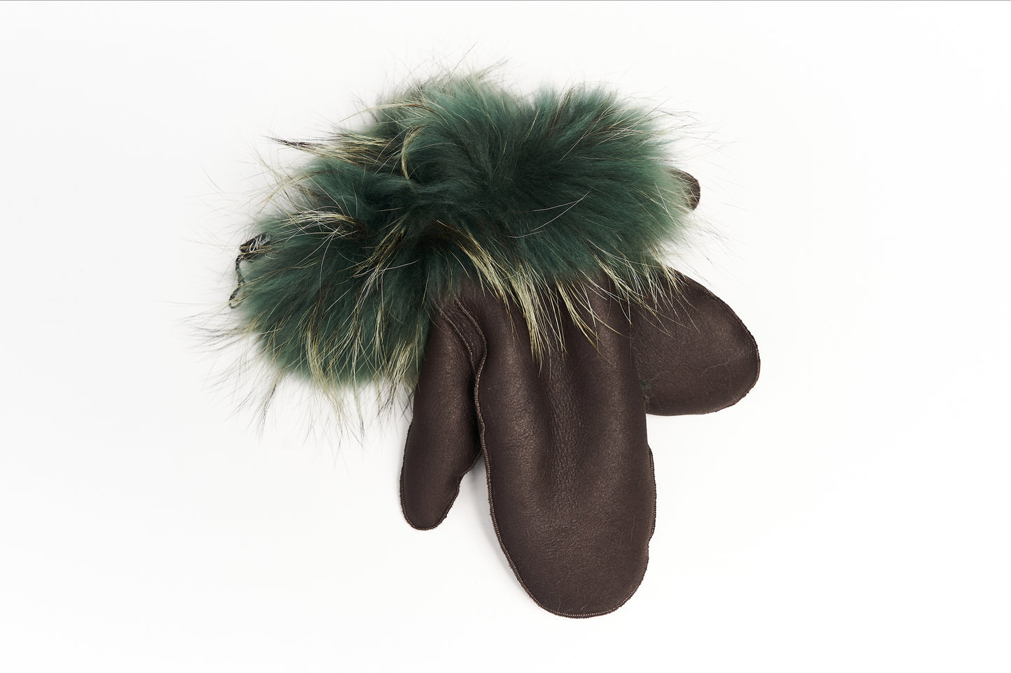 Muffole in pelle marrone, bordo in volpe