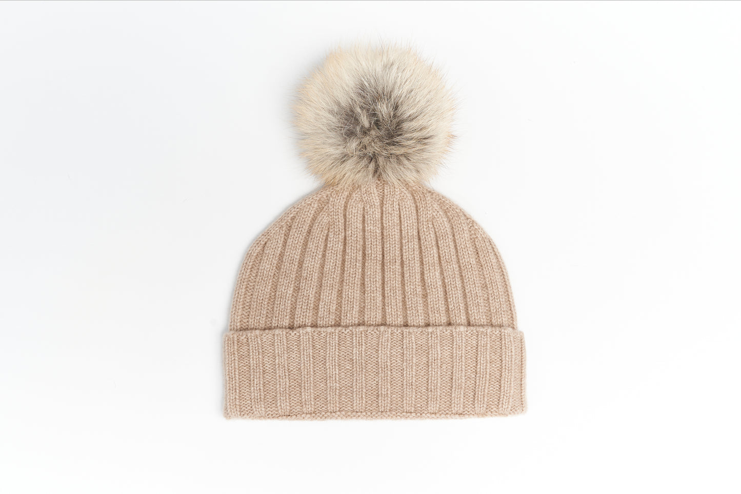 Cuffia in puro cashmere, pon pon in volpe